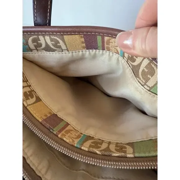 Fossil Striped Canvas Handbag Leather Trim Handles Shoulder Strap 9x7”​ - Picture 11 of 12